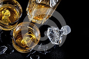 Scotch Whiskey with Ice Viewed from Top