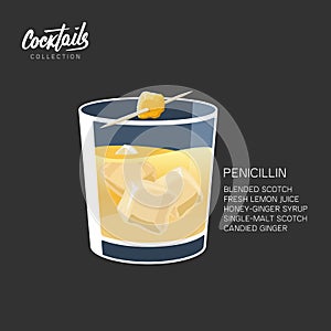 Scotch Whiskey Penicillin Drink Cocktail Ginger vector illustration