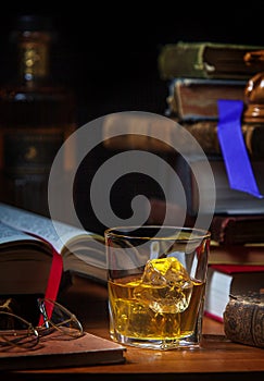 Scotch Whisky with Ice and Old Books