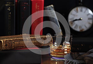 Scotch Whisky Neat with Books and Clock