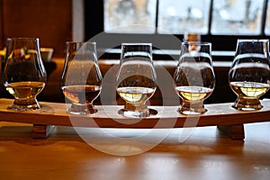 Scotch whisky, tasting glasses with variety of single malts or blended whiskey spirits on distillery tour in Scotland