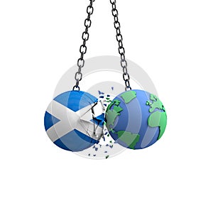 Scotland flag ball hits planet earth. Environmental impact concept. 3D Render