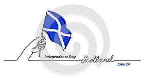 Scotland flag with hand. Independence day vector banner, background, poster. One continuous line drawing illustration