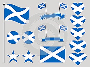 Scotland flag set. Collection of symbols heart and circle. Vector