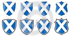 Scotland flag in shield shape, four 3d and simple versions. Scottish icon / sign