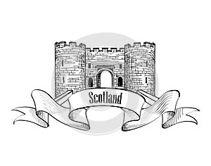 Scotland label with ribbon. Scotch famous Castle. Travel icon