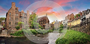 Scotland landscape - Dean village panorama in Edinburgh dramatic sunset, UK