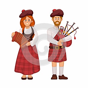 Scotland People In Uniform Playing Traditional Music Instrument Character Illustration Vector