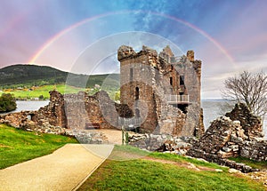 Scotland - ranobow over Urquhart castle, Loch Ness - UK