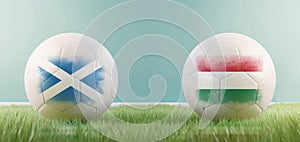 Scotland vs Hungary football match infographic template for Euro 2024 matchday scoreline announcement. Two soccer balls with