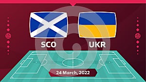 Scotland vs Ukraine match. Playoff Football championship match versus teams on football field. Intro sport background,