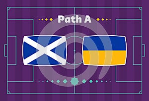 Scotland vs Ukraine match. Playoff Football championship match versus teams on football field. Intro sport background,