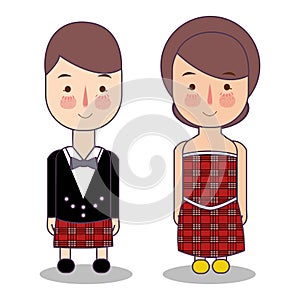 Scotland wedding couple, cute scottish traditional clothes costume bride and groom cartoon vector illustration