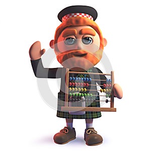 Scots man cartoon character in 3d holding an abacus