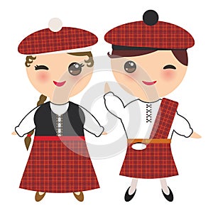 Scotsman boy and girl in national costume and hat. Cartoon children in traditional Scotland dress, guitar. Isolated on white backg