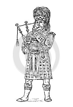 Scotsman in national costume. Traditional Caledonian scottish dress. North Briton or Sawney. Vintage Engraved hand drawn