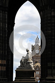 The Scott Monument in Princes Street Gardens, sitting statue of Sir Walter Scott inside, Edinburgh, Scotland, UK