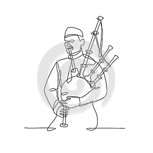 Scottish Bagpiper Playing Bagpipe Continuous Line Drawing Black and White