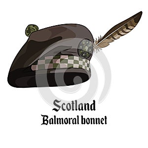 Scottish bonnet with pompon embellished with a brooch and feather Falcon, balmoral bonnet