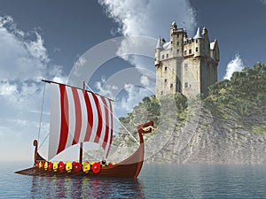 Scottish castle by the sea and Viking ship