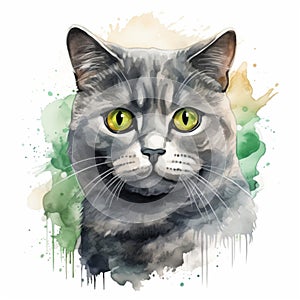 Scottish cat with big green eyes. watercolor
