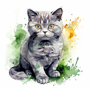 Scottish cat with big green eyes. watercolor