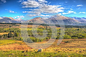 Scottish countryside and snow topped mountains Ben Nevis Scotland UK in colourful HDR