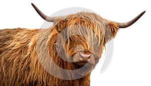 Scottish cow on white background photo