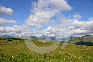 Scottish field with mountains