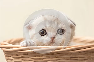 Scottish fold kitten in a basket exudes charm and playfulness