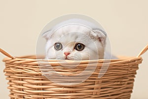 Scottish fold kitten in a basket exudes charm and playfulness