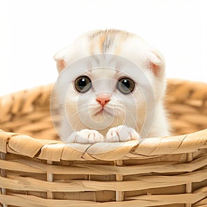 Scottish fold kitten in a basket exudes charm and playfulness