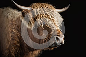 Scottish highland cattle close up. Side view of big brown hairy cow. Generative AI