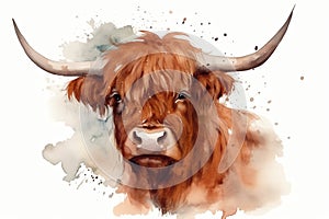 Scottish highland cow head, handdrawn watercolor illustration, year of the ox 2021. Generative AI