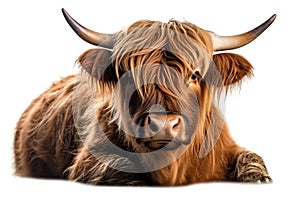 Scottish highland cow isolated, white background. Generative AI