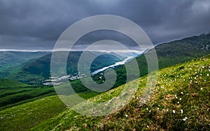 Scottish highlands landscape on an overcast day.