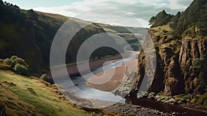 Scottish Landscape: Cliff, River, And Hill