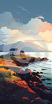 Scottish Landscape Painting Of A Cottage By The Sea At Sunset