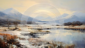 Scottish Landscape Painting: Snow Covered Mountains And River