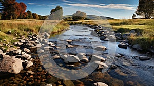 Scottish Landscape A Tranquil River Flowing Through Grassland