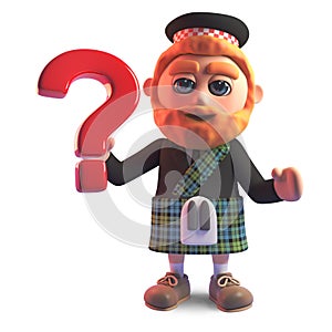 Scottish man in kilt on holding a question mark symbol, 3d illustration