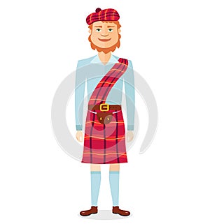 Scottish man in kilt in national clothes flat cartoon vector illustration isolated