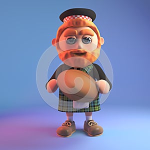 Scottish man with red beard wearing a kilt and holding a rugby ball, 3d illustration