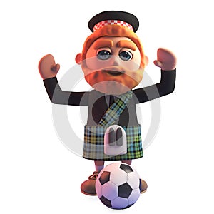 Scottish man in traditional kilt cheering with a football, 3d illustration