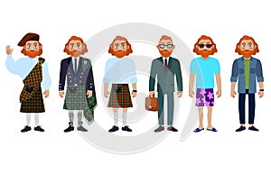 Scottish men in national and modern clothes. Flat vector illustration.