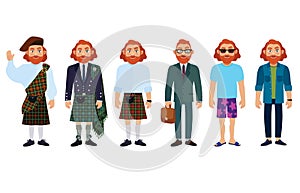 Scottish men in national and modern clothes. Flat vector illustration.