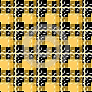 Scottish pattern tartan plaid in orange, black and yellow cage. Traditional Scottish checkered background. Seamless fabric texture