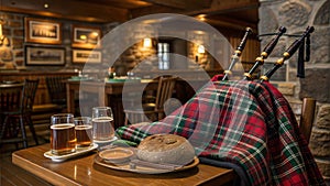 Scottish Pub with Bagpipes and Drinks