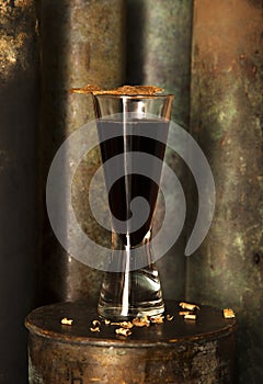 Scottish Russian alcohol cocktail made of single malt scotch whiskey liker Maraschino kvas syrup
