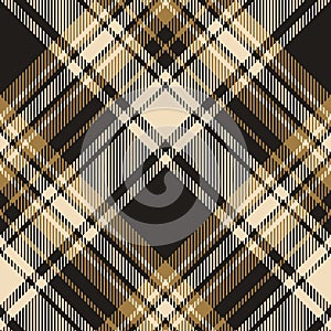 Scottish tartan check plaid pattern vector. Seamless diagonal fabric texture in gold and black.